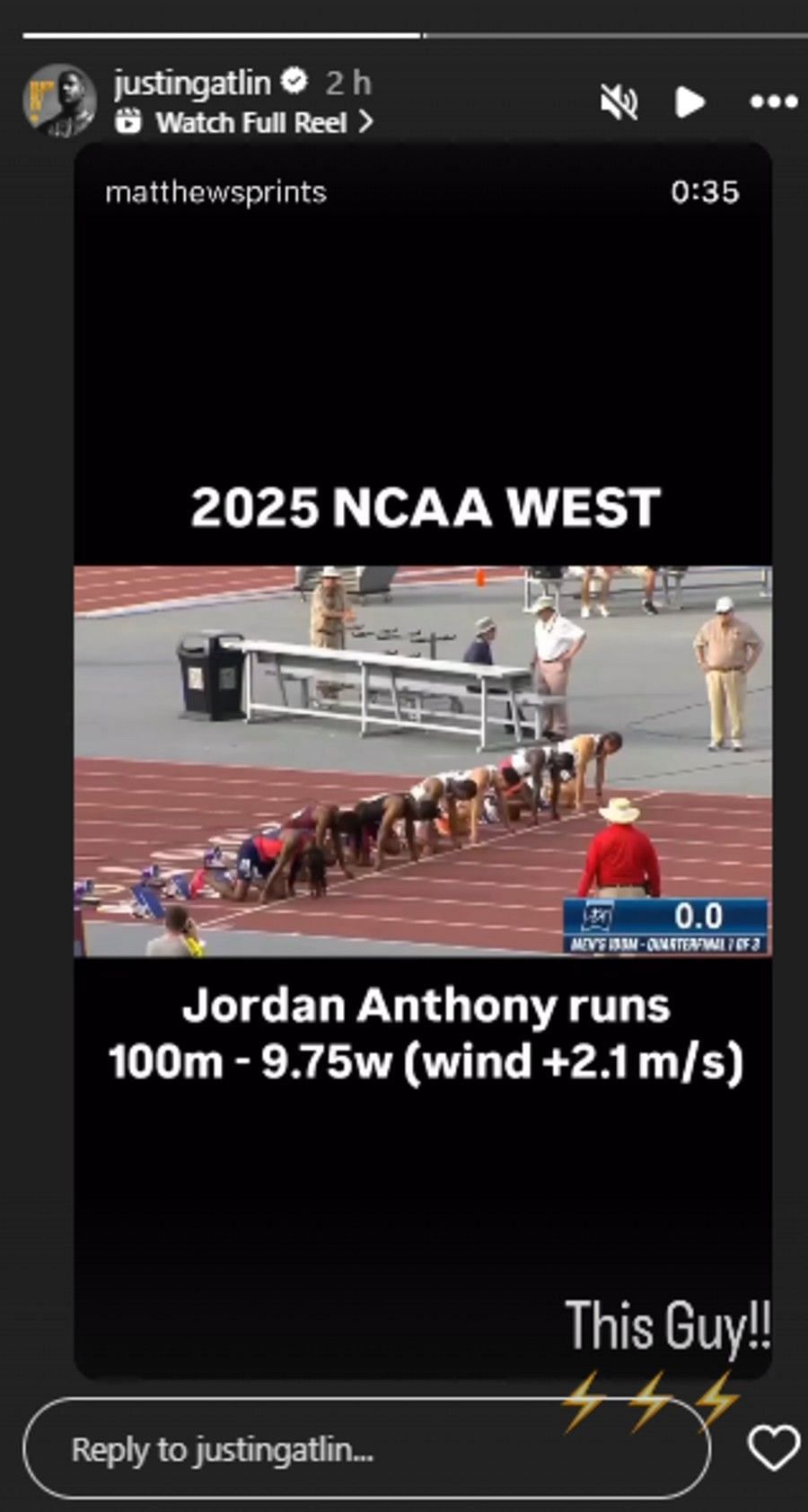 Screenshot of Gatlin's Instagram story.